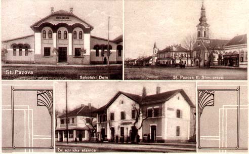 Foto – Mozaika pohľadnice – Sokolovňa,Pohľad na Starú Pazovu v roku 1906 